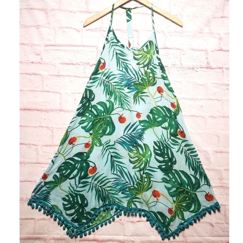 RR Hawaii Resort Dress Womens SM Blue Green Tropical Palm Pom Pom Trim Beach